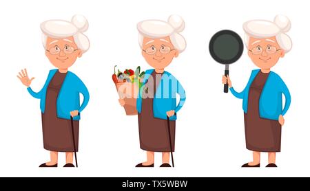 Grand-mère, ensemble de trois poses. Cute cartoon character. La journée des grands-parents heureux. Vector illustration sur fond blanc Illustration de Vecteur