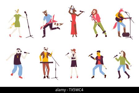 Personnages masculins et féminins vecteur. Collection de chanteurs avec microphones et musiciens isolé sur fond blanc. Ensemble de jeunes hommes et femmes en chantant des chansons et à jouer de la guitare l'illustration. Illustration de Vecteur