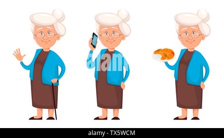 Grand-mère, ensemble de trois poses. Cute cartoon character mamie en agitant la main, holding smartphone et la tenue des croissants. La journée des grands-parents heureux. Vecto Illustration de Vecteur