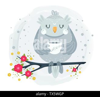 Cute owl assis sur une branche et de boire du café. Drôle de personnage. Vector illustration Illustration de Vecteur