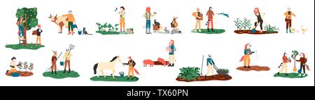 La plantation de cultures, l'alimentation des animaux de ferme, vache laitière, la collecte, la collecte de la récolte des pommes, transportant des fruits, travaillant sur le tracteur à l'illustration vectorielle. Ensemble d'agriculteurs ou travailleurs agricoles télévision cartoon. Illustration de Vecteur