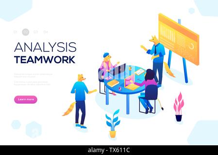 Concept de collaboration avec les gens de collaboration vecteur. La gestion de projet et stratégie de rapport financier. Caractères isométrique télévision. Équipe de consultation. Analyse de l'entreprise illustration isométrique de planification. Illustration de Vecteur