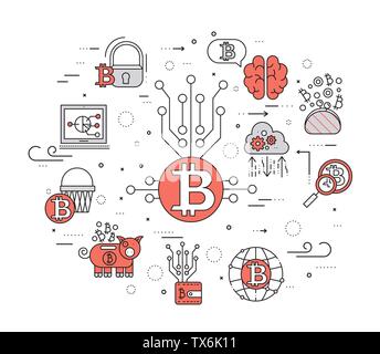 Ensemble de collection icônes Contour Bitcoin. Les technologies modernes symbole linéaire pack. Modèle de fine ligne icônes, logos, symboles, pictogrammes et illustrations télévision concept. Illustration de Vecteur