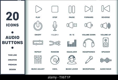 Les icônes des boutons audio définissent la collection. Inclut des éléments créatifs tels que les icônes lecture, Arrêt, Pause, Marche arrière, avance, aléatoire et égaliseur premium Illustration de Vecteur