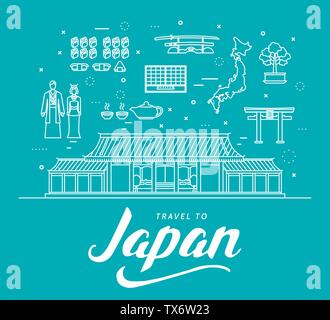 Guide vacances voyage Japon Pays de biens, lieux et caractéristiques. Ensemble de l'architecture, la mode, les gens, les éléments, la nature concept. template design pour le web et mobile sur le style de ligne mince Illustration de Vecteur