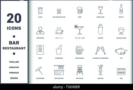 Bar et Restaurant icons set collection. Comprend des éléments créatifs tels que le verre, le verre de whisky, de la bière, un verre de vin, bouteille de vin, champagne et bière Illustration de Vecteur