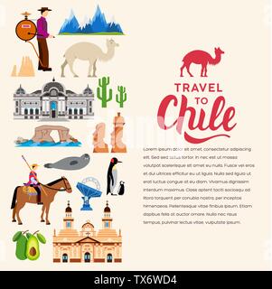 Pays Chili travel vacation guide de biens, lieux et caractéristiques. Ensemble de l'architecture, la mode, les gens, les éléments, la nature concept. Infographic template design pour le web et mobile sur le style. Illustration de Vecteur