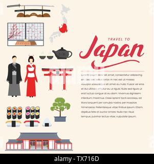 Guide vacances voyage Japon Pays de biens, lieux et caractéristiques. Ensemble de l'architecture, la mode, les gens, les éléments, la nature concept. template design pour le web et mobile sur le style plat Illustration de Vecteur