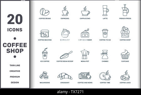 Coffe Shop set icons collection. Comprend des éléments simples tels que des grains de café, expresso, Cappuccino, Latte, Presse Française, Grain de Café Moka et Scoop Banque D'Images