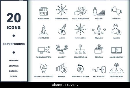 Collection de jeux de lignes minces d'icônes de financement participatif. Comprend des éléments créatifs tels que le marché, le financement participatif, la participation sociale, le créateur, le feedback Illustration de Vecteur