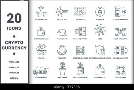 Collection de jeux de lignes minces d'icônes de devise de chiffrement. Inclut des éléments créatifs tels que décentralisé, clé numérique, crypté, Ethereum, Ethereum Mining Banque D'Images