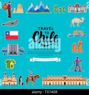 Pays Chili travel vacation guide de biens, lieux et caractéristiques. Ensemble de l'architecture, la mode, les gens, les éléments, la nature concept. Infographic template design pour le web et mobile sur le style. Illustration de Vecteur