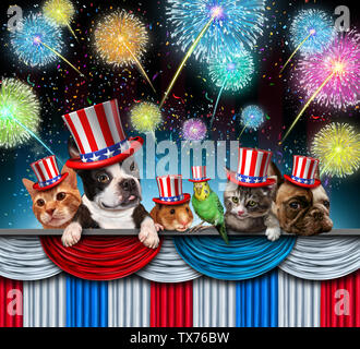 4 juillet Jour de l'indépendance et de célébration pour animaux animaux domestiques célébrant les États-Unis et national de fédérale avec chien et chat chaton. Banque D'Images