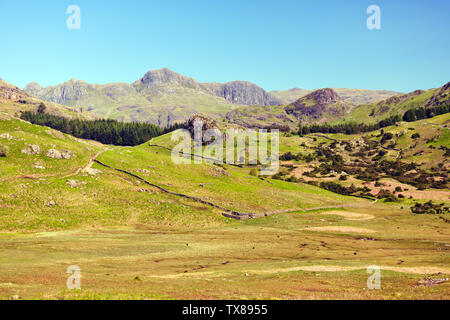 Langdale Pikes du fond de Wrynose Pass Banque D'Images