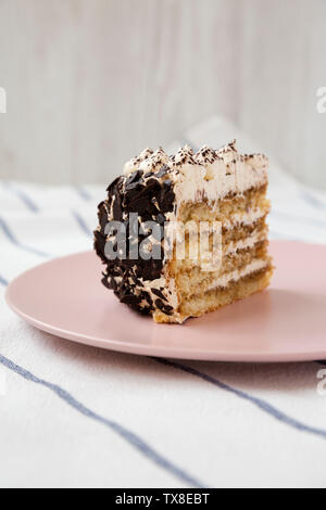 Un morceau de gâteau tiramisu sur une plaque rose, vue de côté. Close-up. Banque D'Images