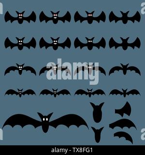 Jeu d'Halloween pour les chauves-souris en vol votre conception, Jeu, Carte. Grande collection de silhouettes de chauves-souris. Éléments de décoration. Vector Illustration. Illustration de Vecteur