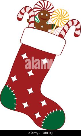 Avec bas de Noël Bonbons colorés et Gingerbread Man. Chaussette rouge décoratif pour les vacances de Noël. Vector Illustration pour votre conception. Illustration de Vecteur