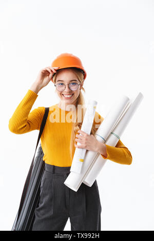 Attractive young woman architect isolés sur fond blanc, exerçant son activité sous tube, holding house scheme Banque D'Images