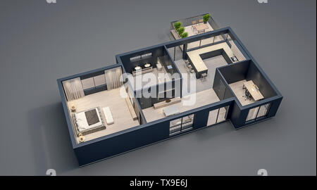 Design intérieur moderne, plan d'étage isolé avec des murs noirs, bleus d'appartement, maison, meubles, isométriques, vue en perspective, rendu 3D Banque D'Images