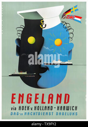 Voyages d'époque restauré de l'affiche. Engeland via Hoek c. Holland - Harwich. Par Dageluks Dag en Nachtdienst Reyn Dirksen (1924-1999) . Publié 1950-1955 Banque D'Images