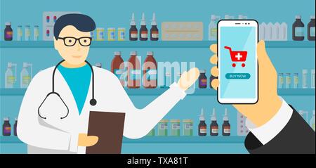 Pharmacie en ligne application mobile. Hand holding smartphone et pharmacien médecin dans les verres et bouteilles de médicaments comprimés capsules comprimés de vitamines et sur Illustration de Vecteur