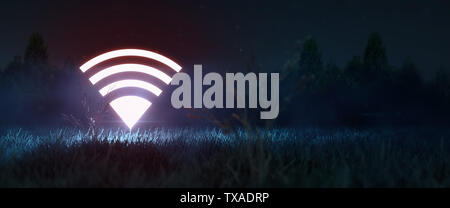 symbole lumineux au néon wi-fi dans le champ de nuit. wi-fi gratuit, réseau 5 g, zone de couverture, concept de navigation avec espace de copie 3d redner Banque D'Images