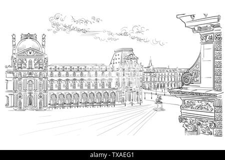 Vector Illustration dessin du musée du Louvre. Monument de Paris, France. Vue urbaine avec musée. Vector illustration dessin à la main en noir col Illustration de Vecteur