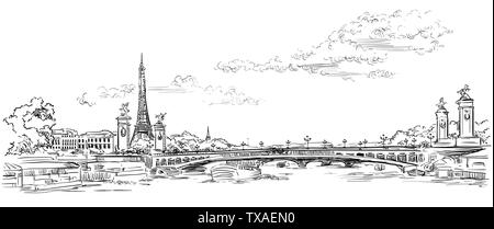 Vector Illustration dessin de la Tour Eiffel (Paris, France). Monument de Paris. Paysage panoramique avec la Tour Eiffel et le Pont Alexandre III, vie Illustration de Vecteur