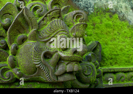 Close up photo d'une belle figure de style balinais gravée dans un mur, couverte par mousse verte et situé à Ubud, Bali - Indonésie Banque D'Images