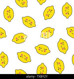 Citrons kawaii. Seamless Texture Vecteur de plaisir Citrons jaune sur un fond blanc. Peut être utilisé pour le papier peint, textile, papier d'emballage Illustration de Vecteur