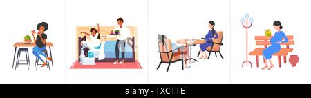 Définir les femmes enceintes avec ventre dans différentes situations la grossesse collection concepts plate horizontale pleine longueur Illustration de Vecteur