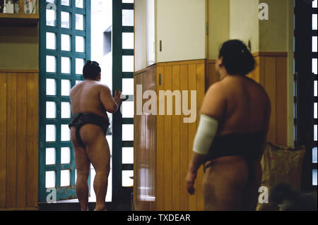 Plusieurs athlètes de divers grades réchauffer et la pratique sumène lutte lors d'une petite écurie de sumo à Tokyo, Japon. Banque D'Images