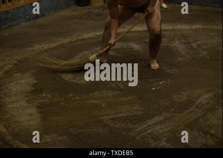 Plusieurs athlètes de divers grades réchauffer et la pratique sumène lutte lors d'une petite écurie de sumo à Tokyo, Japon. Banque D'Images