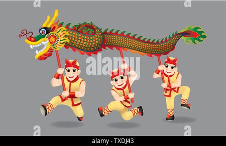 Les hommes chinois traditionnelle danse du dragon. Avec les différents postes et de couleurs. Isolées. Illustration de Vecteur