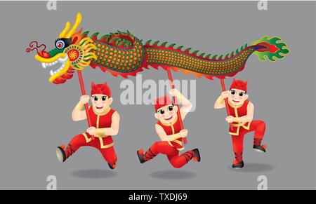 Les hommes chinois traditionnelle danse du dragon. Avec les différents postes et de couleurs. Isolées. Illustration de Vecteur