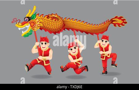 Les hommes chinois traditionnelle danse du dragon. Avec les différents postes et de couleurs. Isolées. Illustration de Vecteur