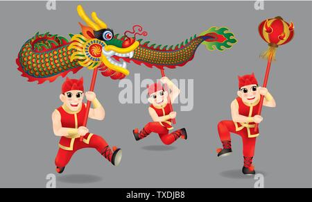 Les hommes chinois traditionnelle danse du dragon. Avec les différents postes et de couleurs. Isolées. Illustration de Vecteur