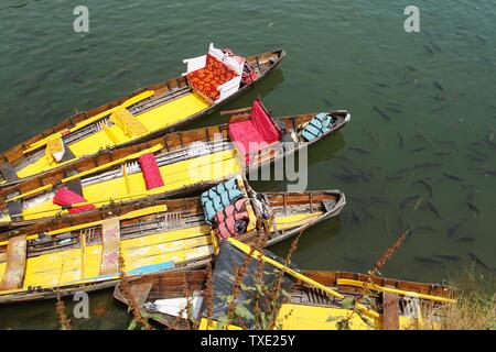 High Angle View of Colorful Lac de Nainital Bateaux de plaisance entouré par une école de poisson Banque D'Images