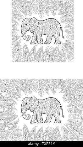 Coloriage avec doodle éléphant style zentangle en style inspiré. Illustration de Vecteur