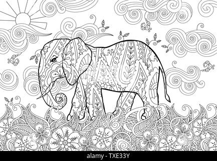 Coloriage avec éléphant style doodle sur le pré en zentangle style inspiré. Illustration de Vecteur