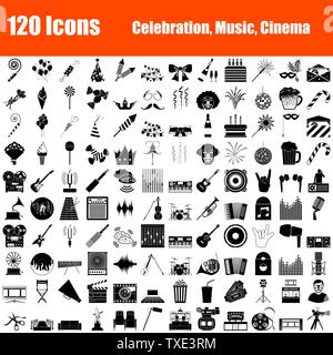 Ensemble de 120 icônes. Fête, Musique, Cinéma thèmes. Couleur Noir Design Stencil. Vector Illustration. Illustration de Vecteur