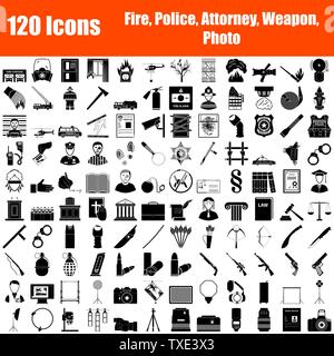 Ensemble de 120 icônes. Service d'incendie, police, avocat, arme, thèmes Photo. Couleur Noir Design Stencil. Vector Illustration. Illustration de Vecteur