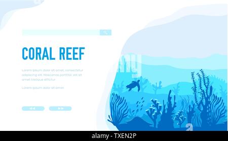 Vecteur des récifs coralliens landing page modèle. Plongée sous bannière web design mise en page. La vie marine, de l'écosystème. La flore et la faune sous-marine illustration minimaliste. Les algues et les animaux de l'océan Illustration de Vecteur