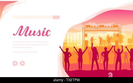 Festival de musique vector landing page modèle. Bannière web performance pop mise en page. Les adolescents au concert de rock télévision dessin. Des célébrités et des fans silhouettes illustration minimaliste Illustration de Vecteur