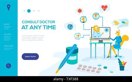 Consulter un médecin landing page vecteur modèle. Thérapeute spécialiste en ligne, bannière web design mise en page. Rendez-vous chez le médecin cartoon illustration. La médecine et les soins de santé. La métaphore animale pour des patients Illustration de Vecteur