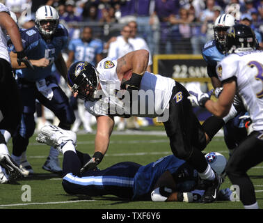 Baltimore Ravens attaquer défensif Justin Bannan (94) intercepte une passe de Tennessee Titans' quart-arrière Kerry Collins au cours du premier trimestre à M & T Bank Stadium à Baltimore le 5 octobre 2008. (UPI Photo/Kevin Dietsch) Banque D'Images