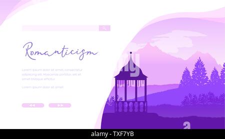 Vecteur de romantisme landing page modèle. Date romantique touristique, idées design de bannières web. Silhouette Gazebo sur le paysage de fond minimaliste. Mobilier de jardin boutique en ligne d'accueil du site Illustration de Vecteur