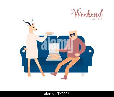 Couple week-end à la maison vector concept de l'affiche. Petit ami et petite amie de manger la pizza sur canapé clipart isolé. Femme et mari télévision caractères. Les animaux humanisés les amis de passer du temps ensemble Illustration de Vecteur