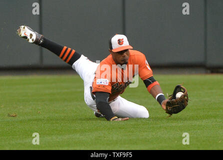 Baltimore Orioles CF Adam Jones fait une capture de plongée d'une ligne de route par Kansas City Royals Norichika Aoki dans la troisième manche du Match 2 de la série de championnat de la ligue américaine à l'Oriole Park at Camden Yards de Baltimore, Maryland le 11 octobre 2014. UPI/Kevin Dietsch Banque D'Images