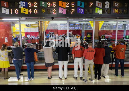 Les passionnés de courses voir les jockeys et les chevaux dans le paddock avant le début de la deuxième course à la 141e exécution de la Preakness à Pimlico Race Course le 21 mai 2016 à Baltimore, Maryland. 11 Un cheval-champ, y compris Kentucky Derby winner Nyquist, seront en compétition pour le second joyau de la Triple couronne. Photo par Pete Marovich/UPI Banque D'Images